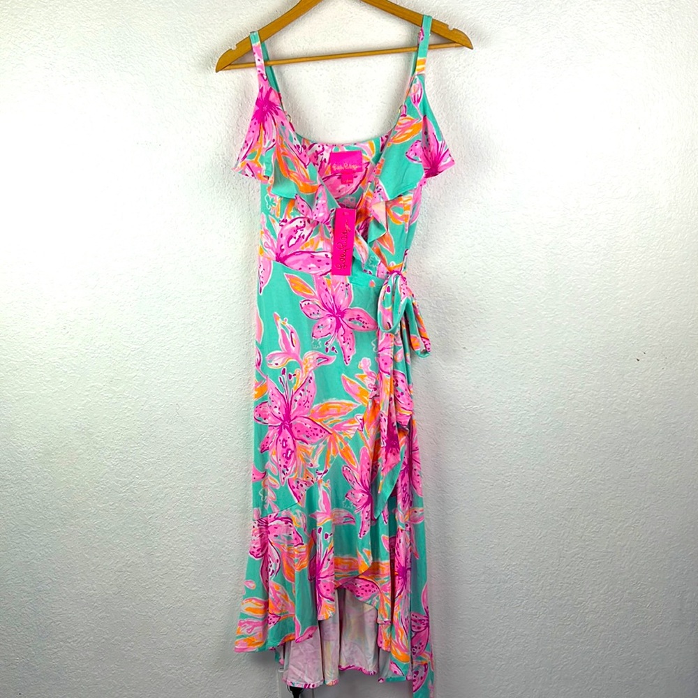 Worn once - Lilly Pulitzer Sz M Fontaine Wrap Dress - Surf Blue Bonita Blooms - Picture 6 of 11